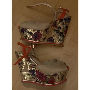 NEW Loriblu floral Summer printed cork wedge Sandals Red Tan Suede 37.5